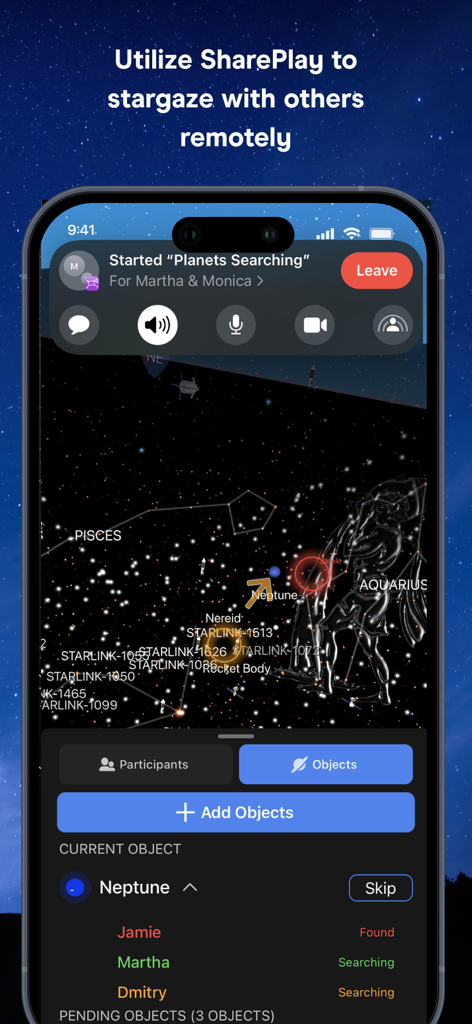 Night Sky app using SharePlay to stargaze remotely with friends on iPhone