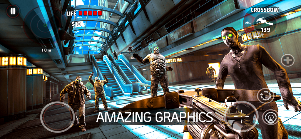 DEAD TRIGGER: Survival Shooter - Jeu de tir de zombies à la première personne dans un centre commercial, avec une arbalète et des graphismes de haute qualité.