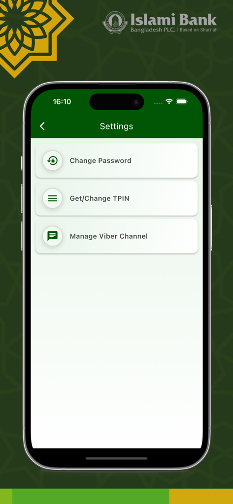 Settings screen of the IBBL iSmart mobile banking app showing options for password change TPIN management and Viber channel configuration