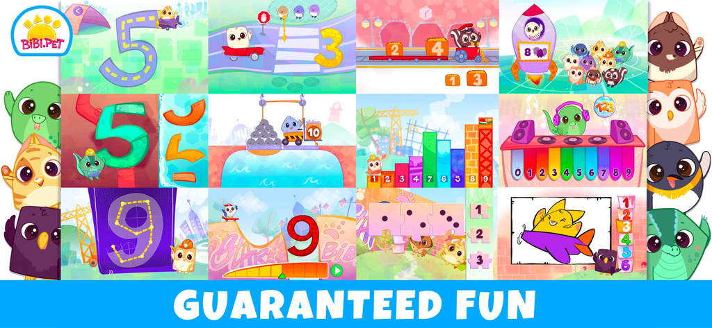 Bibi Numbers 123 - Kids Games - Collage showing educational number and counting games for toddlers with Bibi Pet characters