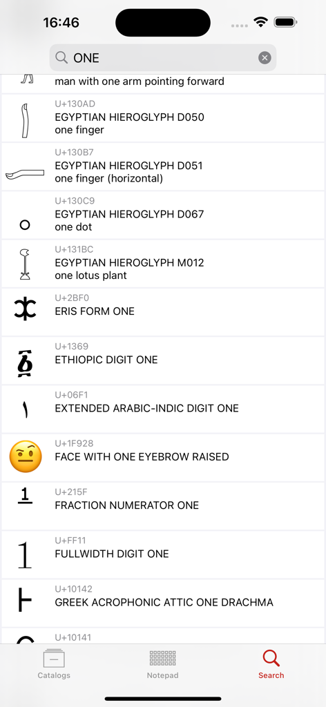 Unicode Pad Pro with keyboards - Search results screen in Unicode Pad Pro showing Egyptian hieroglyphs and various digits for the search term ONE
