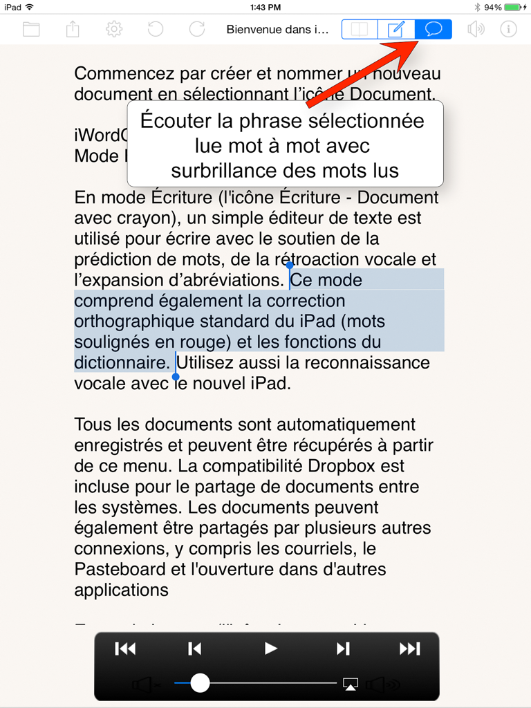 iWordQ EUfr - The iWordQ EUfr app interface on an iPad showing highlighted text and a tooltip for the text-to-speech feature.
