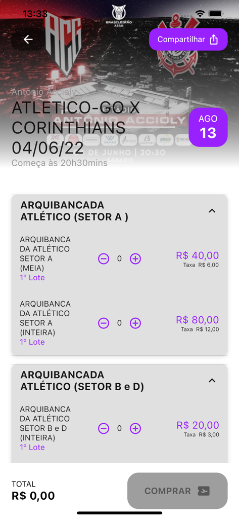 Interface de um aplicativo móvel exibindo opções de ingressos e preços para uma partida de futebol.