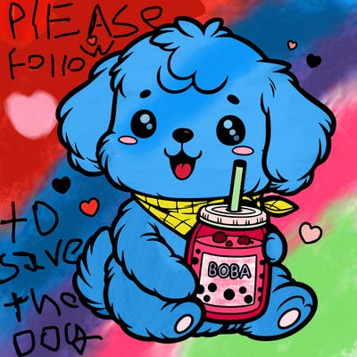 a cute puppy holding boba