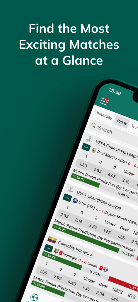 BetAnalysis app screen showing live soccer match result predictions and odds.