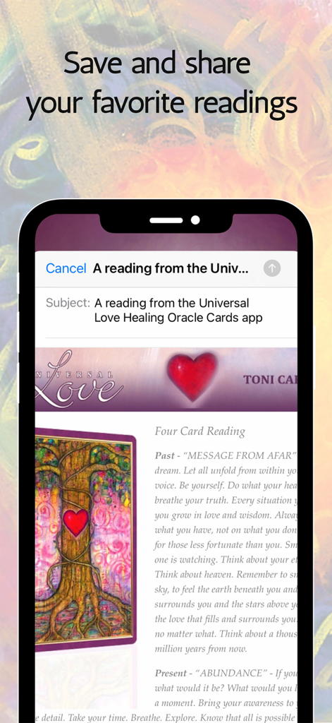 Screenshot of the Universal Love Healing Oracle app showing the feature to save and share card readings via email