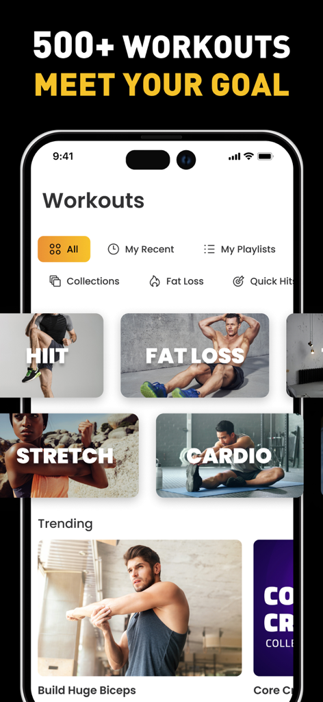 Interfaccia dell'app Muscle Builder che visualizza categorie di allenamento tra cui perdita di grasso HIIT, stretching e cardio