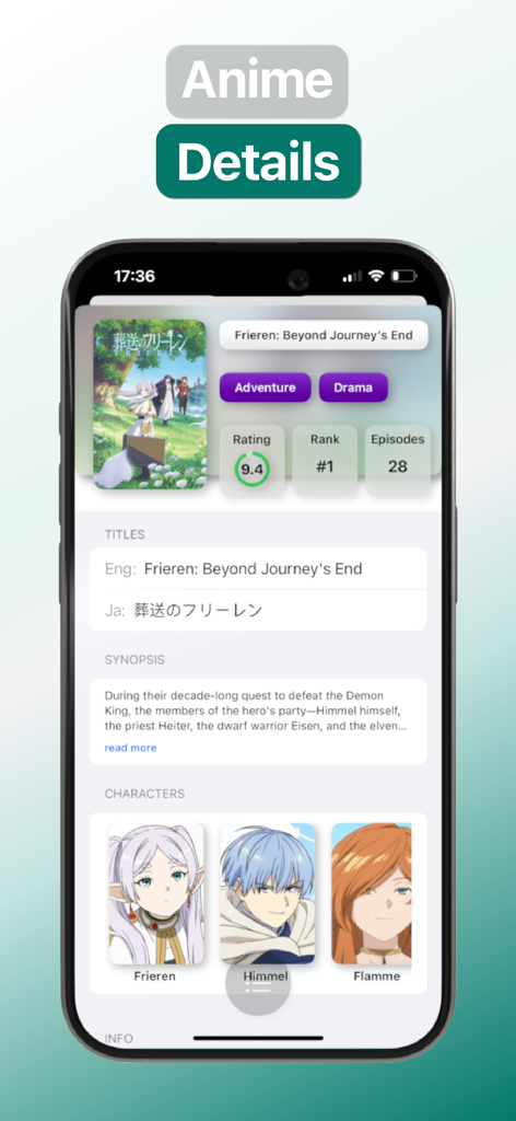 Anime Tracker: Anime List - Otracku app screen displaying detailed information for the anime Frieren Beyond Journeys End including rating and characters