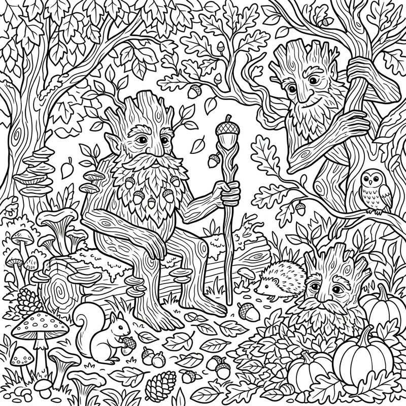Step into a charming autumn forest where wise Wood Trolls mingle with playful woodland creatures. This delightful coloring page captures the cozy spirit of the season, inviting you to add your personal touch to every detail.
