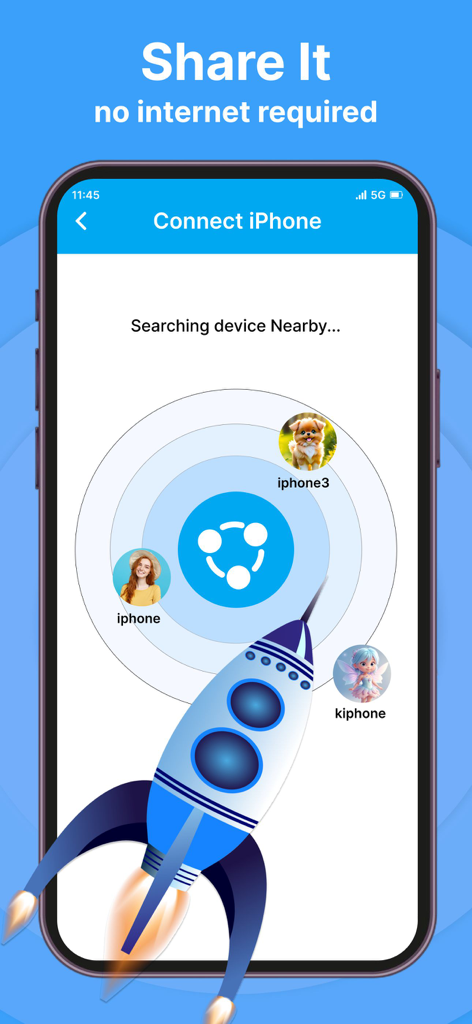 Quick Share - File Transfer - Captura de pantalla de la aplicación Quick Share buscando dispositivos cercanos para transferencia de archivos con una interfaz de radar.