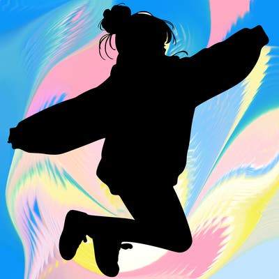 realistic girl jumping with a bun and oversized sweatshirt
