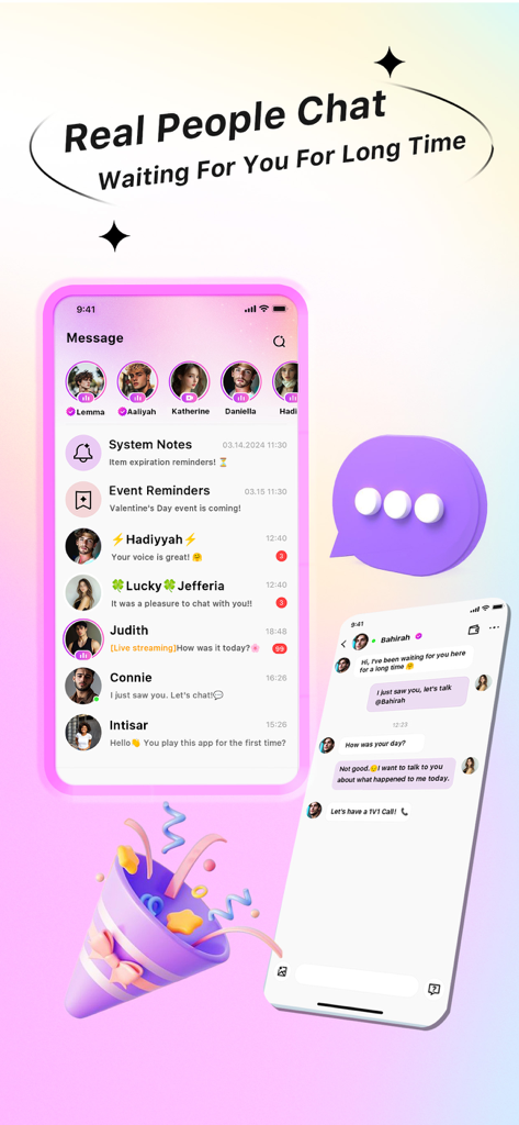 Pikoアプリのスクリーンショット。いくつかのアクティブなユーザープロフィールとプライベートチャットウィンドウが表示されているメッセージリストを示しています。