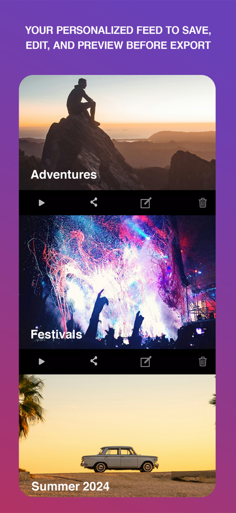 Hilights Video Editor Maker - A personalized feed within the Hilights app showing saved video projects for adventures, festivals, and summer highlights.