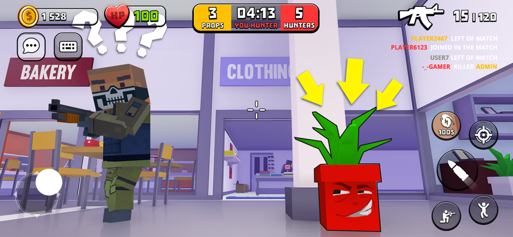 H.I.D.E. - Hide or Seek Online - Un personaggio cacciatore con una maschera da teschio alla ricerca di un prop di una pianta sorridente in un centro commerciale pixelato