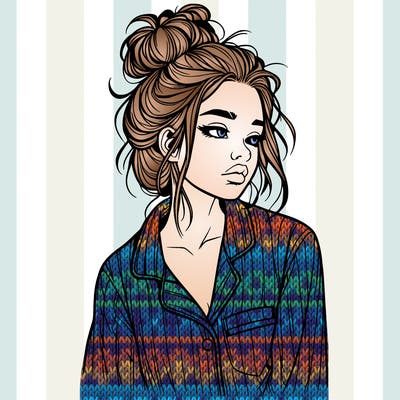 realistic woman with pajamas on and a messy bun