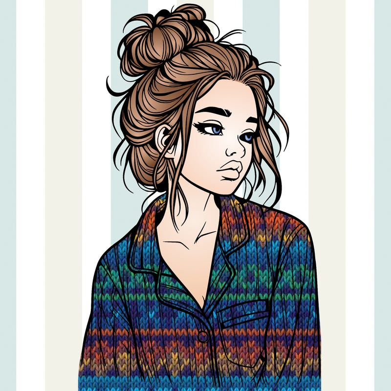 realistic woman with pajamas on and a messy bun