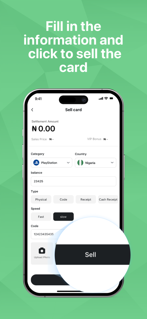 Carding - Sell Gift Cards - Bildschirm der mobilen App zum Verkaufen einer PlayStation-Geschenkkarte mit Optionen für den Kartenbetrag und die Zahlungsgeschwindigkeit