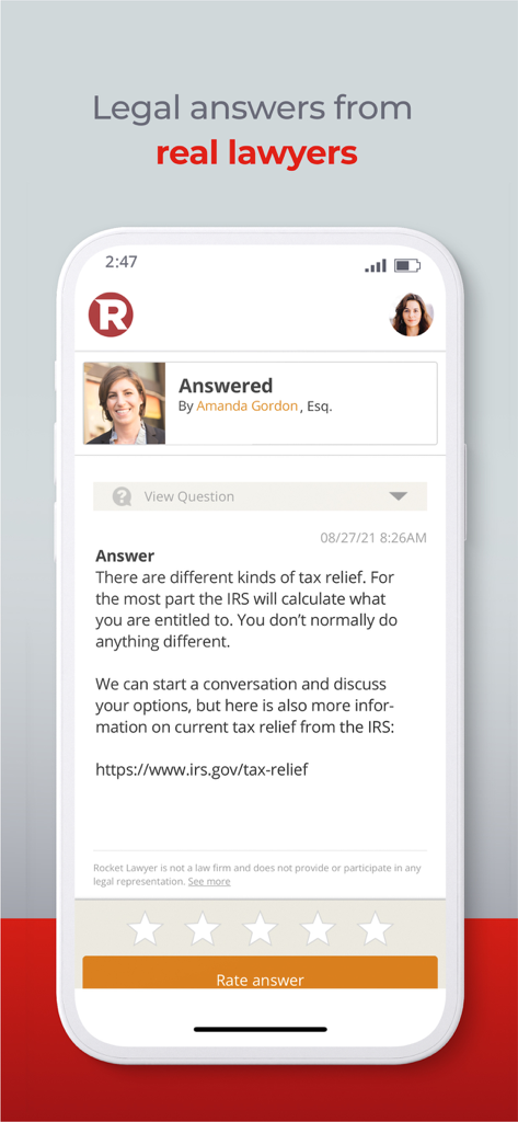 Mobile app screen showing a legal answer from an attorney regarding tax relief