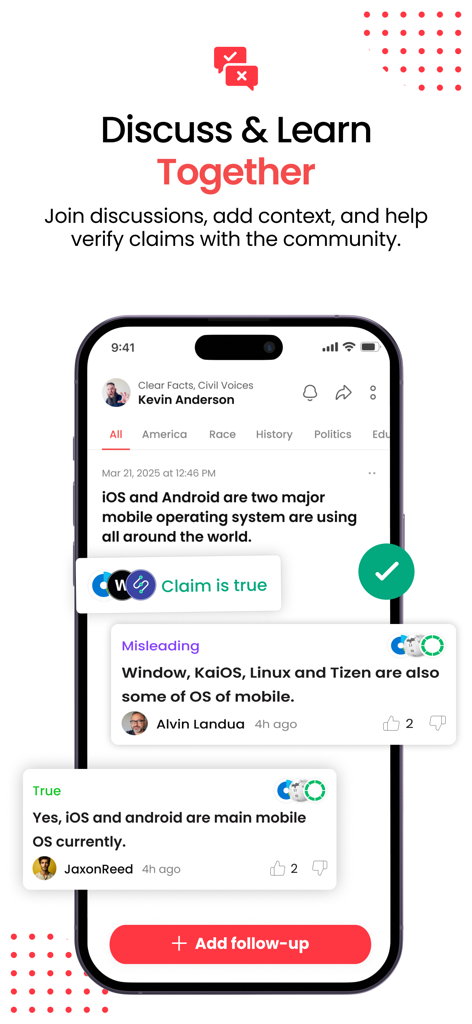 fseek - fseek app interface showing community discussions and fact checked claims