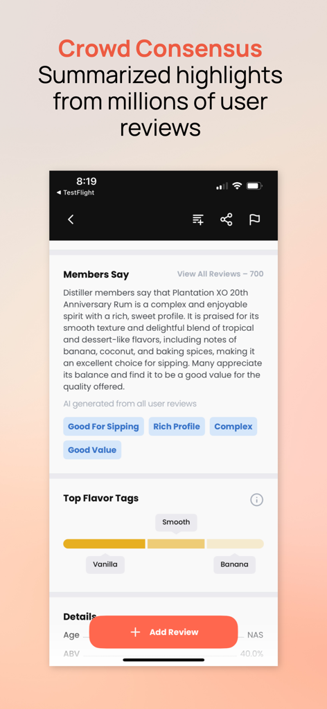 Distiller - Liquor Reviews - Interface do aplicativo Distiller exibindo o recurso Crowd Consensus com um resumo de avaliações de usuários e as principais tags de sabor para um destilado.