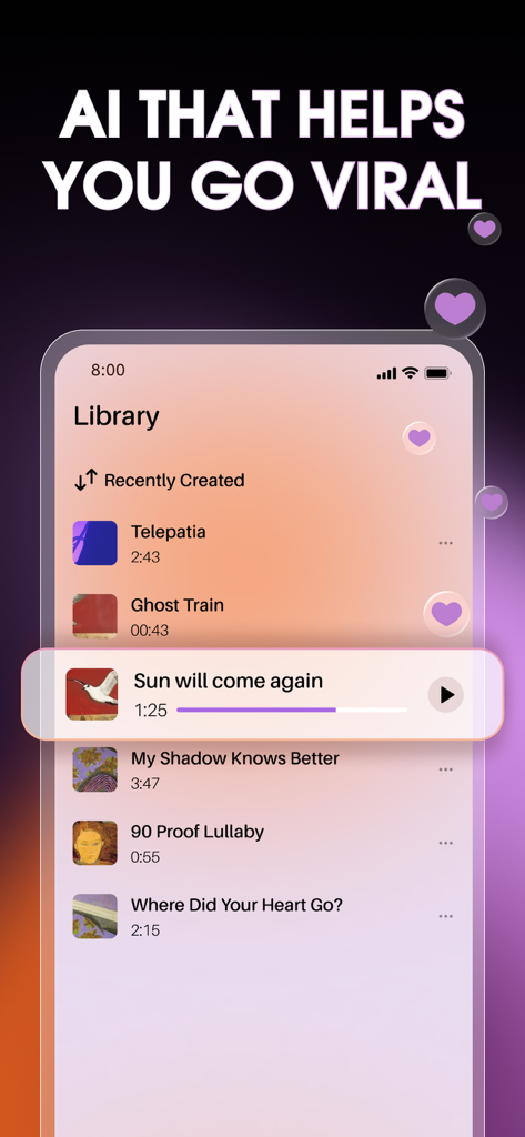 Tunecy app library interface showing a list of AI generated music tracks