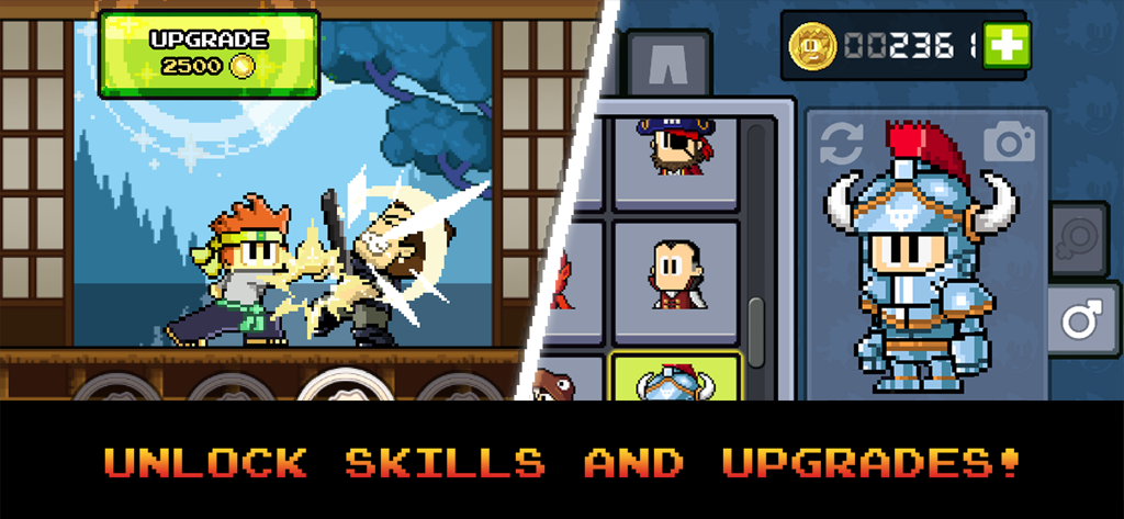 Geteilter Bildschirm, der Retro-Kampf-Gameplay und Charakteranpassung in Dan The Man Classic zeigt