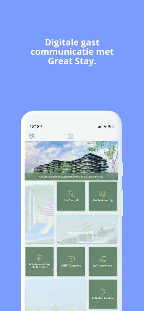 Interface do aplicativo Great Stay exibindo recursos de comunicação com o hóspede e informações de reserva