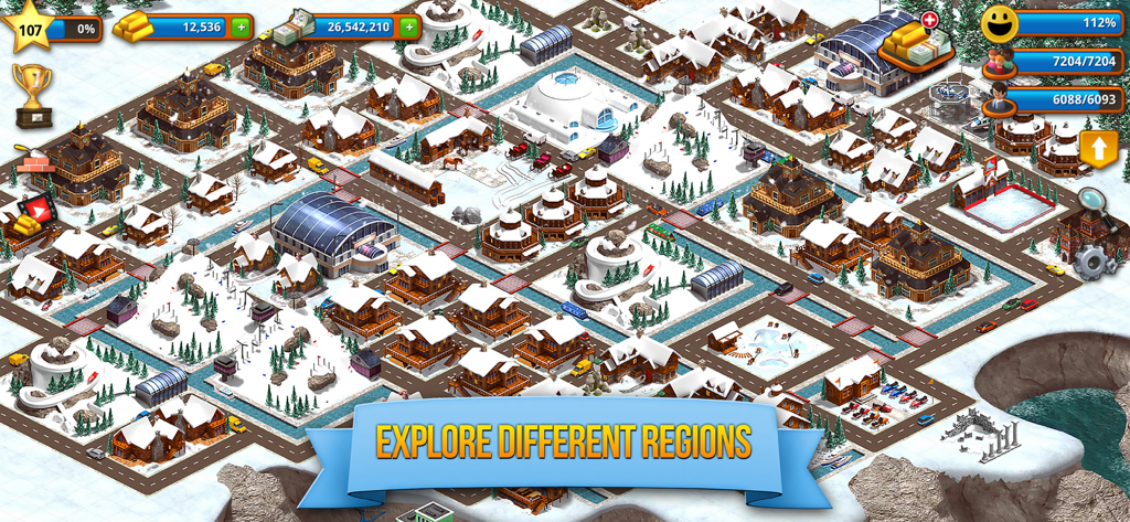 Snow-themed city gameplay in Tropic Paradise Town Build Sim showing various winter buildings and a mountain resort.