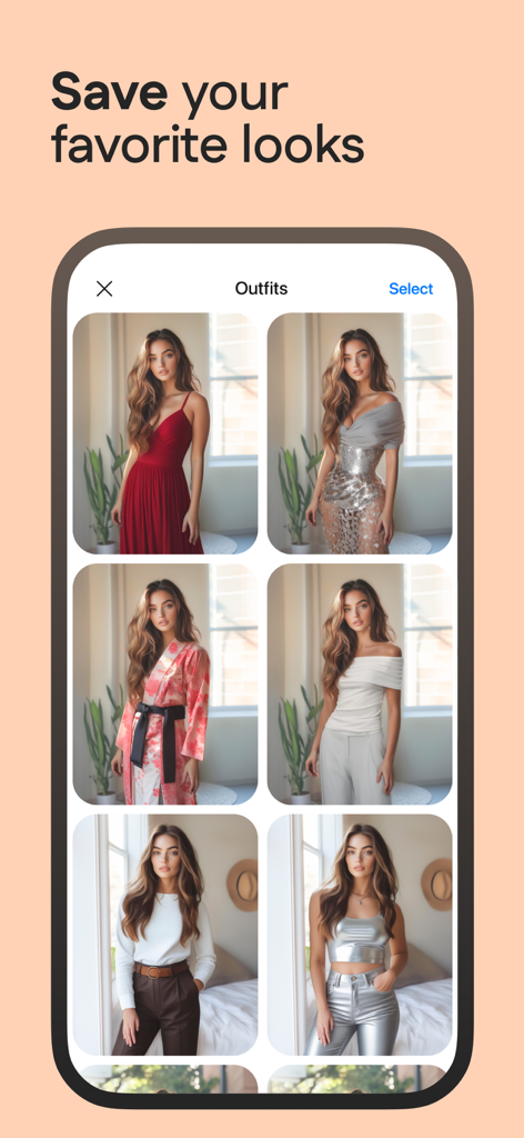 My Color Analysis・AI StyleLab - A mobile app gallery screen titled Outfits showing various AI-generated fashion looks on a model.