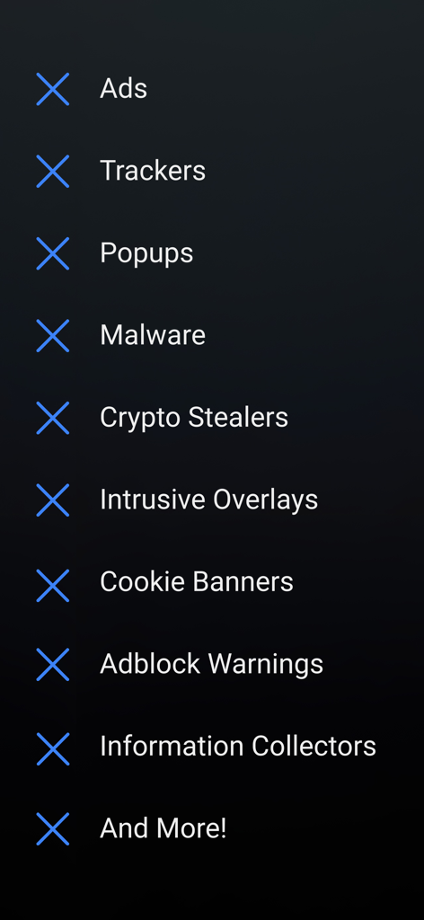 Ad Blocker for Safari - Void - Lista de elementos bloqueados como anuncios, rastreadores y ventanas emergentes en Void Ad Blocker para Safari