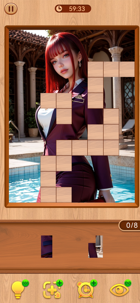 Pantalla de juego de Block Jigsaw Girl mostrando un rompecabezas parcialmente completado de una mujer con cabello rojo en arte de alta definición