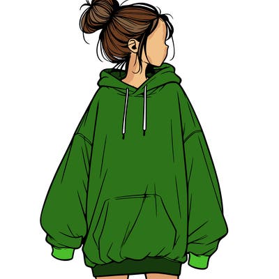 realistic girl with a oversized sweatshirt on and a bun