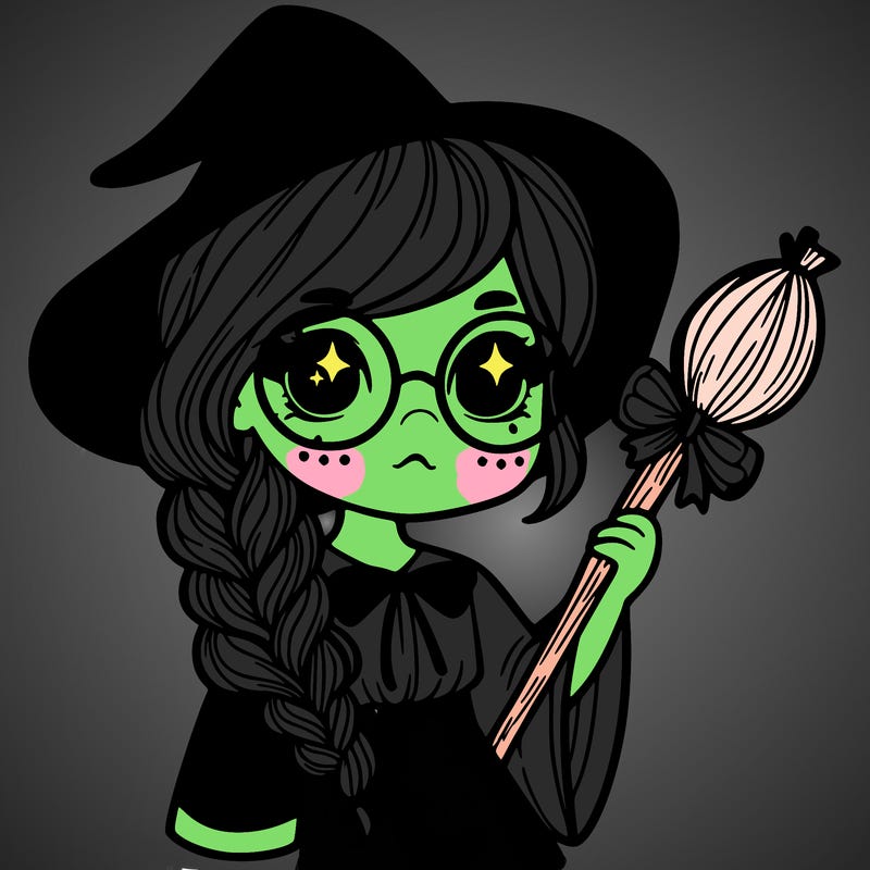 a witch with a braid and two glasses