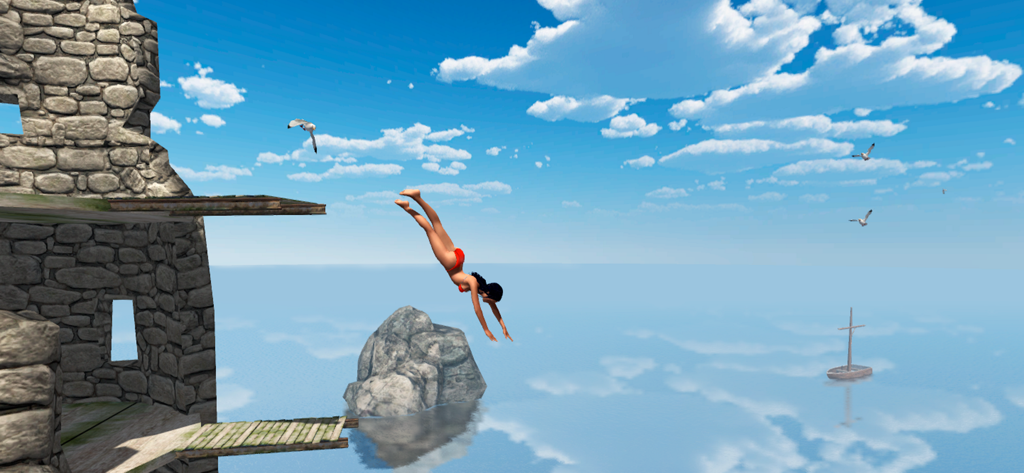 Cliff Flip Diving Swimming Sim - Un personaje en bikini rojo saltando desde una torre de piedra hacia el mar en Cliff Flip Diving Swimming Sim.