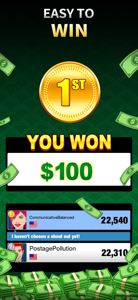 Mahjong Solitaire: Win Cash - Pantalla de victoria que muestra una ganancia de premio en efectivo de 100 dólares y una tabla de clasificación de jugadores en Mahjong Solitario