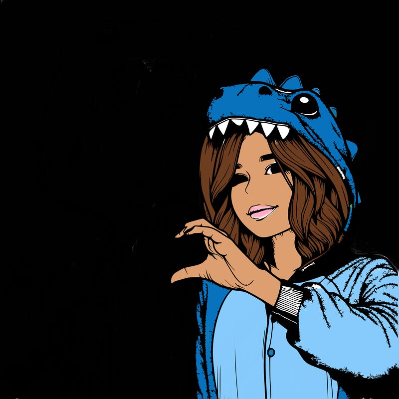 realistic couple wearing matching dinosaur onesies with heart hand gesture