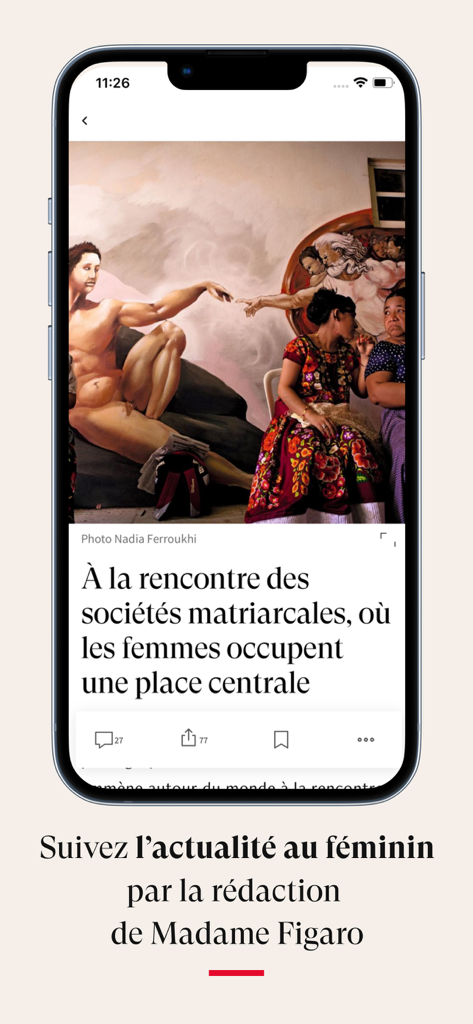 Écran de smartphone affichant un article de l'application Madame Figaro sur les femmes dans les sociétés matriarcales.