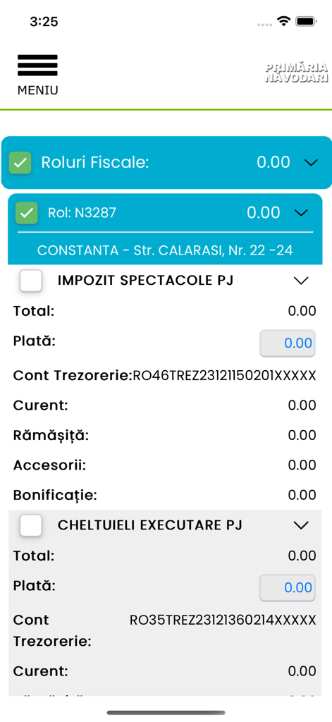 eTax Năvodari - Mobile screen of eTax Năvodari app showing tax payment details and treasury accounts
