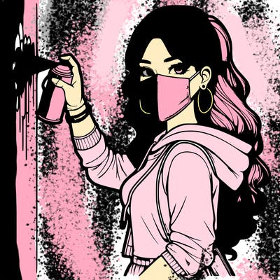 realistic girl with mask spray painting a wall