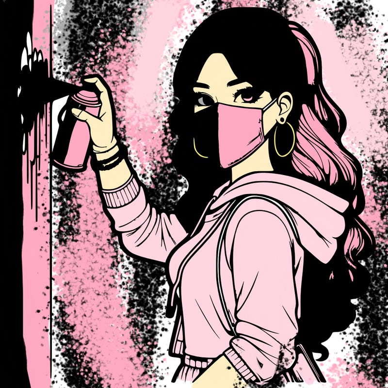 realistic girl with mask spray painting a wall