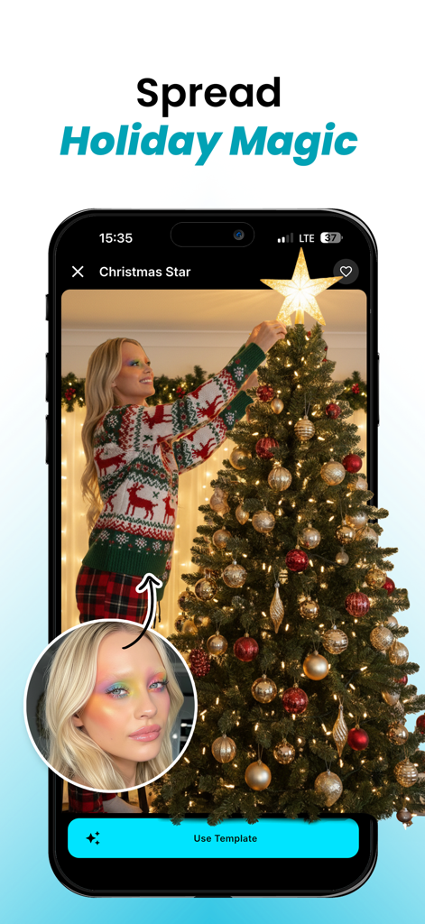AI Effect Creator - VideoMagic - Smartphone screen displaying the VideoMagic app with a holiday themed AI video effect template.
