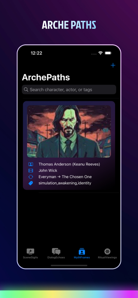 Interface of the Multi Television 2025 app showing the ArchePaths feature with a character analysis of Keanu Reeves in John Wick.