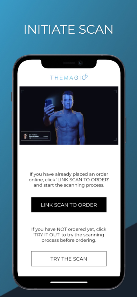 TheMagic5 app interface showing options to start a facial scan for custom fitted swimming goggles