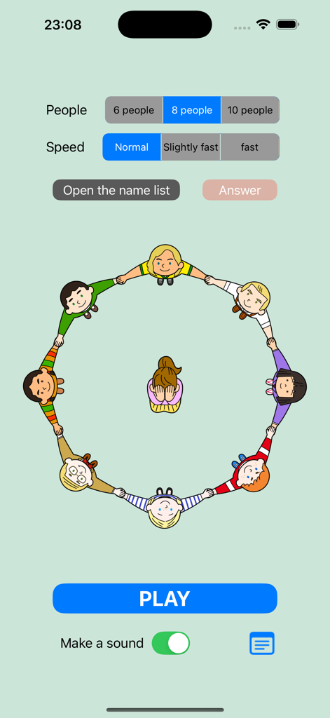 Kagome Kagome - Mobile game interface of Kagome Kagome showing children in a circle and game settings