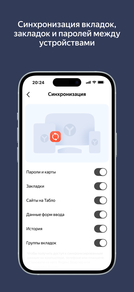 Synchronization settings screen in Yandex Browser for Organizations showing options for bookmarks passwords and history
