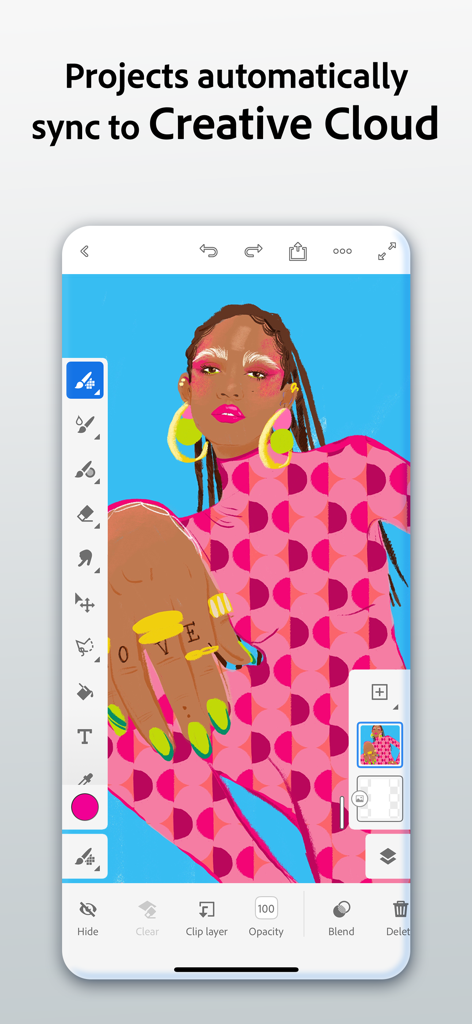 Adobe Fresco mobile App-Oberfläche, die eine farbenfrohe digitale Illustration und eine Cloud-Synchronisierungsfunktion zeigt