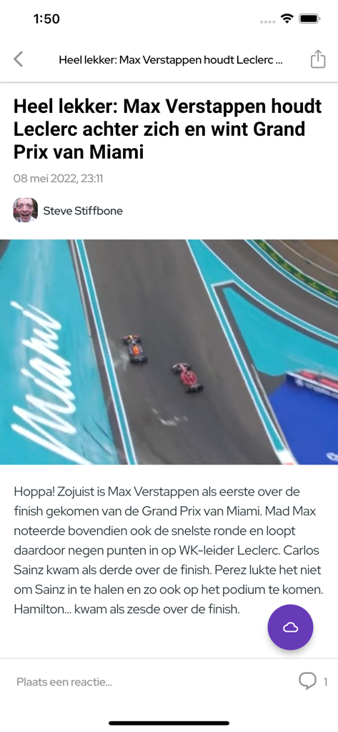 Aplicación móvil VKMag mostrando un artículo de noticias sobre la victoria en una carrera de Fórmula 1