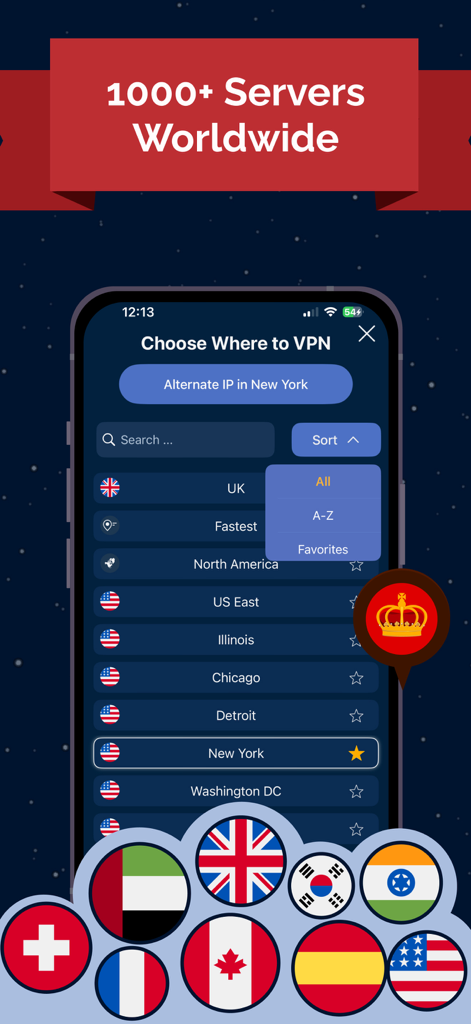 VPN UK - Free VPN and Browser - User interface of VPN UK app showing over 1000 worldwide server locations