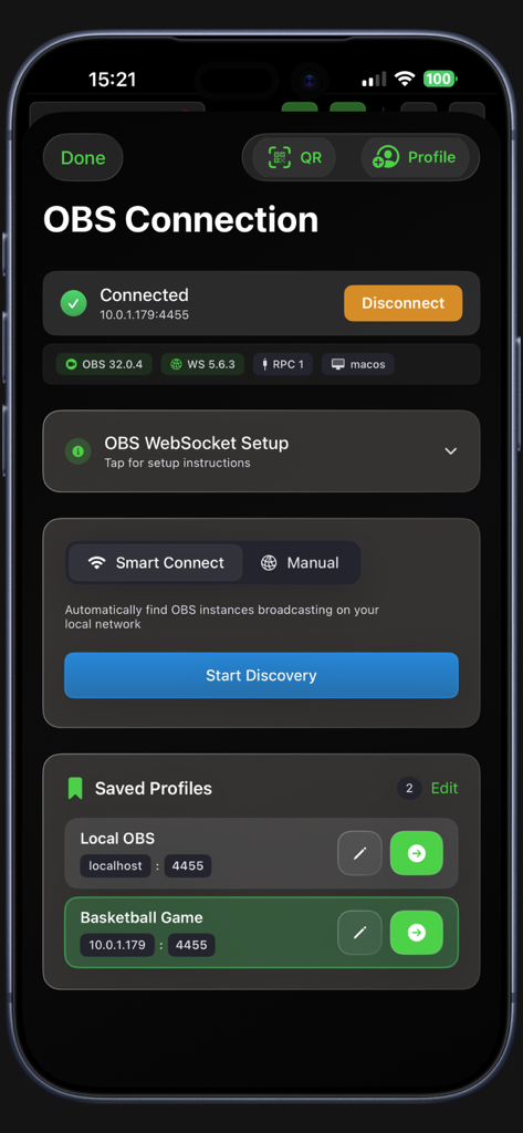 Switcher Pro - Pantalla de la aplicación Switcher Pro que muestra el estado de conexión de OBS con conexión inteligente y perfiles guardados
