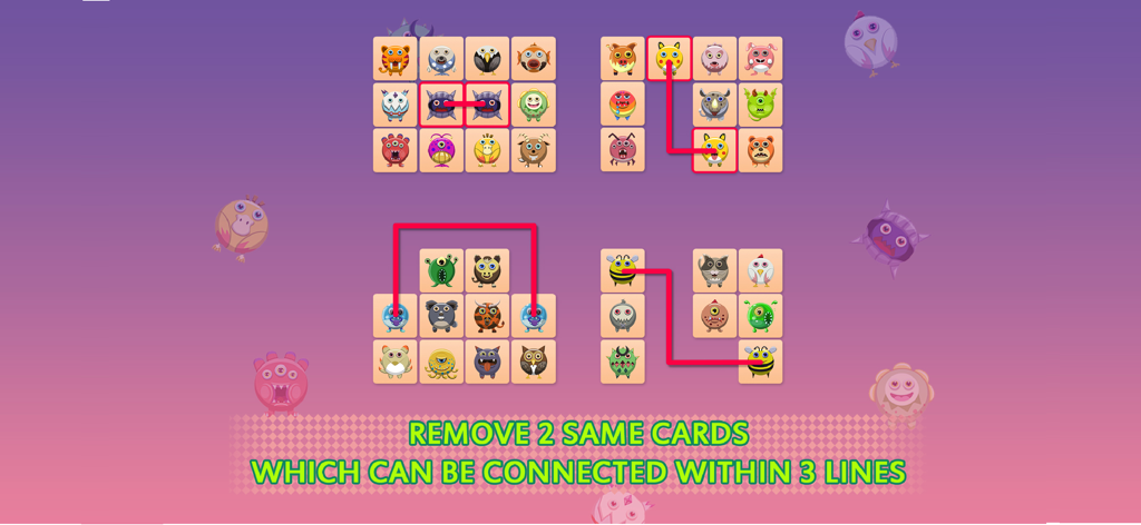 A screenshot of Twin Link Connect 2 Monster showing puzzle boards with identical monster cards connected by red lines to demonstrate gameplay mechanics.